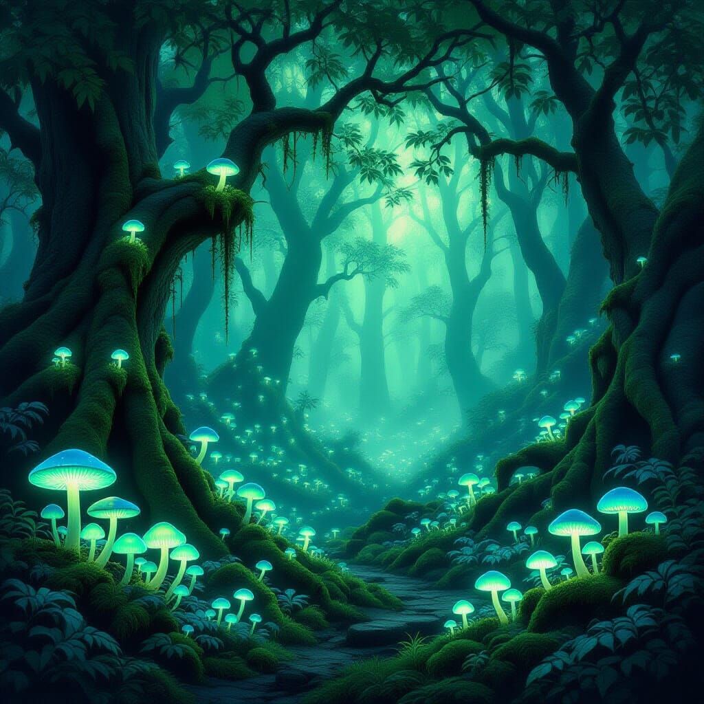 Enchanted Forest Glow: Mystical Mushrooms and Ethereal Light