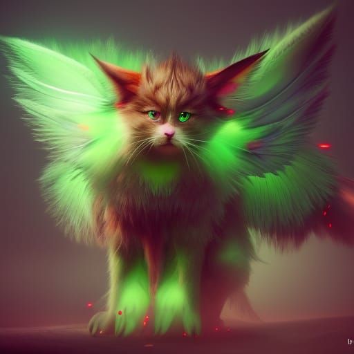 Fluffy Green Cat-like Creature in Fairycore Style