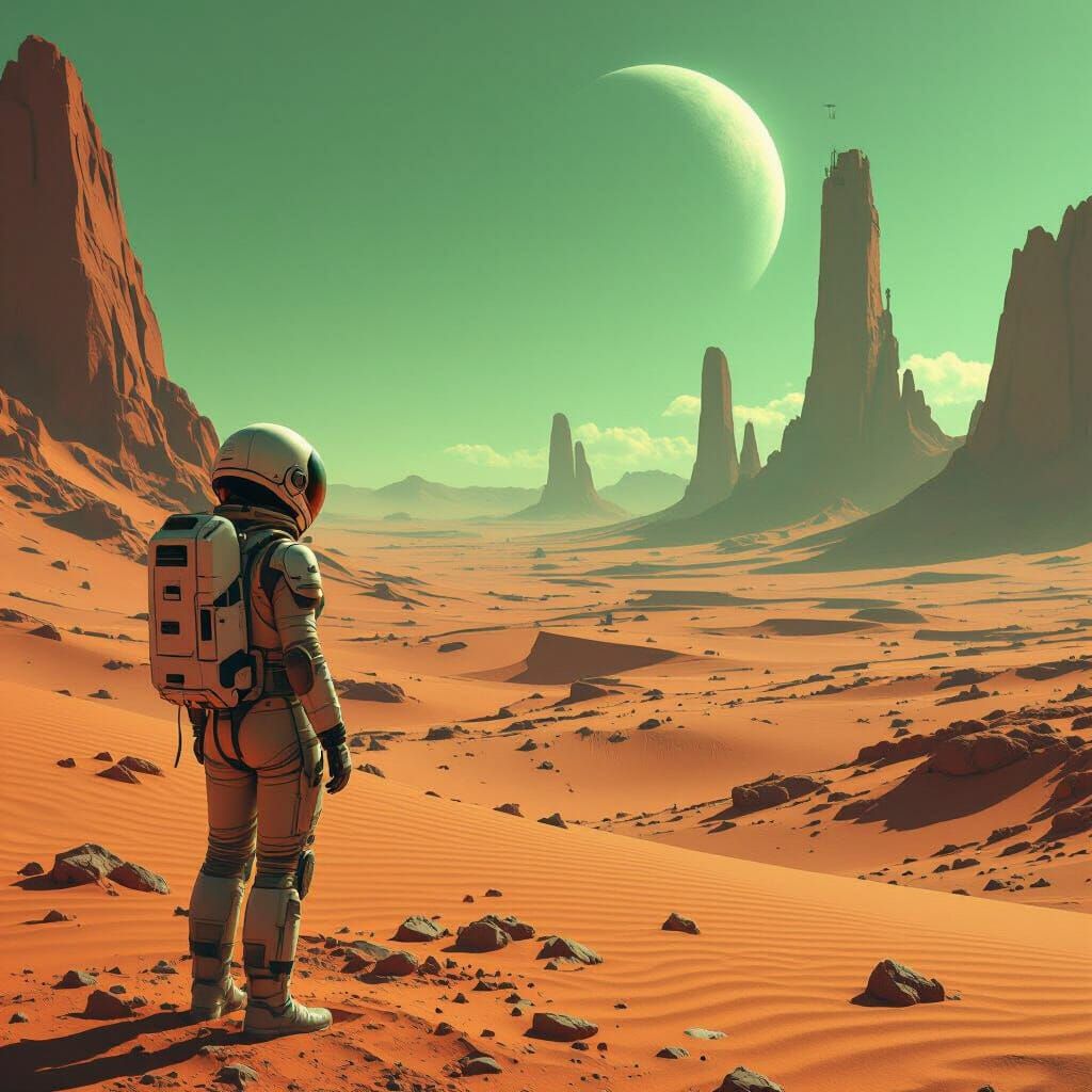 Woman in Retro Spacesuit on Alien Planet