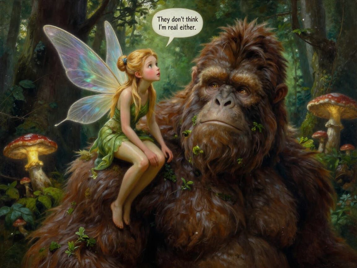 Woodland Fairy and Bigfoot in Hyperrealistic Oil Painting