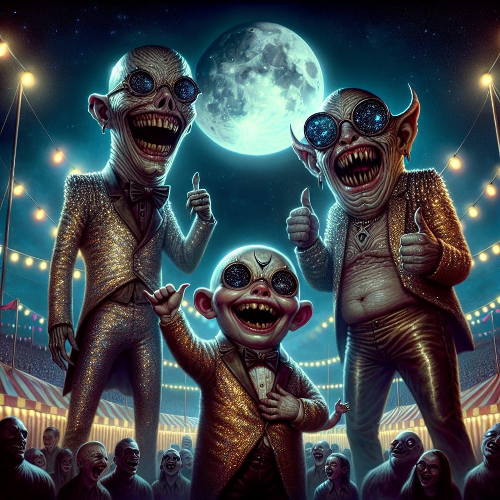 Eccentric Circus Performers Under Blood Moon, Fantasy Art