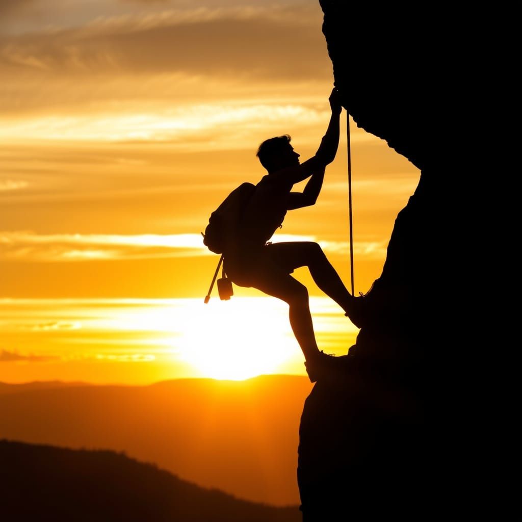 Sunset Climber in Majestic Mountain Landscape