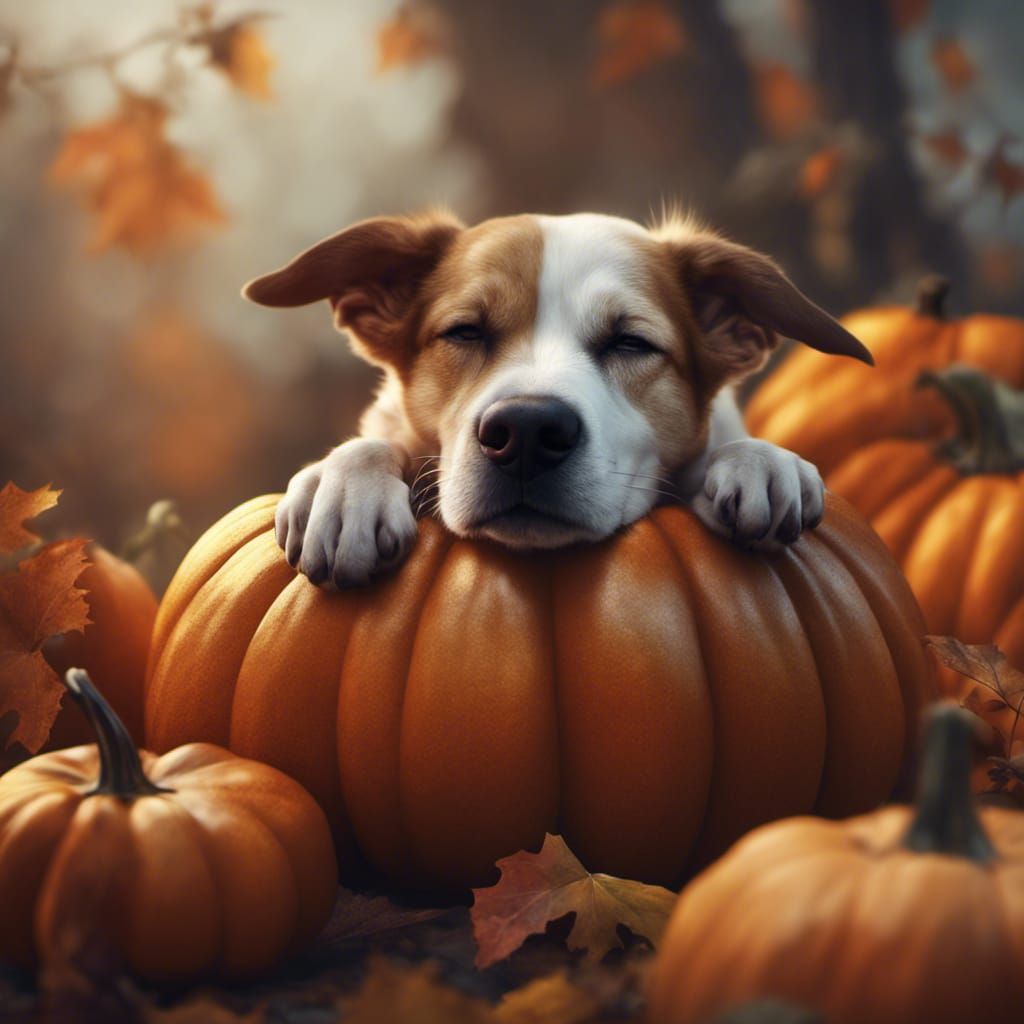 Dog Nap on Halloween Pumpkin: Photorealistic Matte Art
