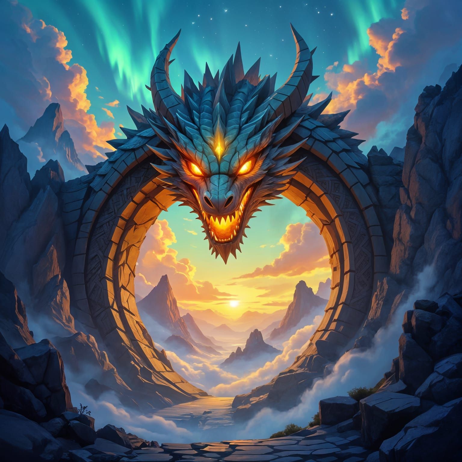 Majestic Dragon Gate Portal in Fiery Mountain Landscape