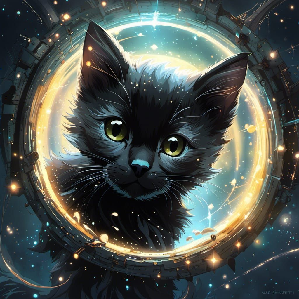 Constellation Kitten Emerging from Bioluminescent Portal