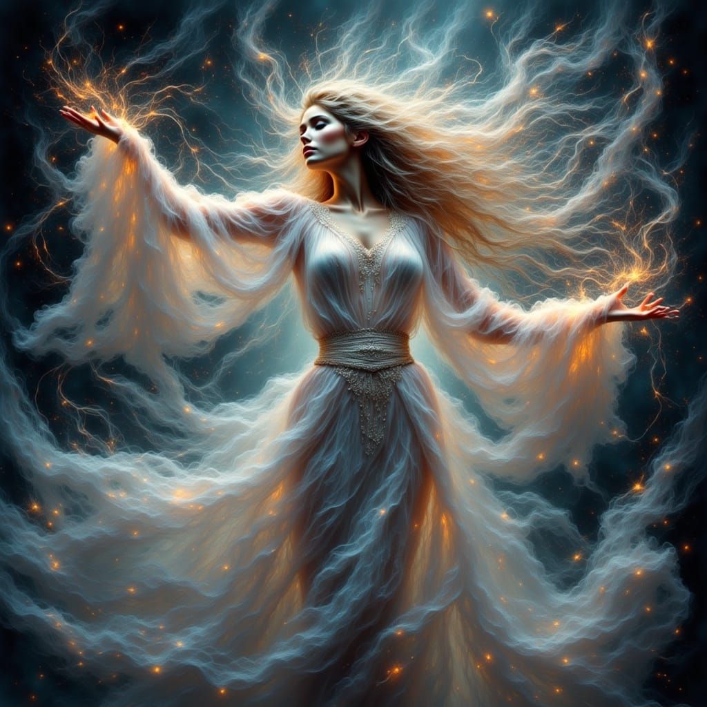 Ethereal Being Weaving Dream Threads in Luminous Fantasy Lig...