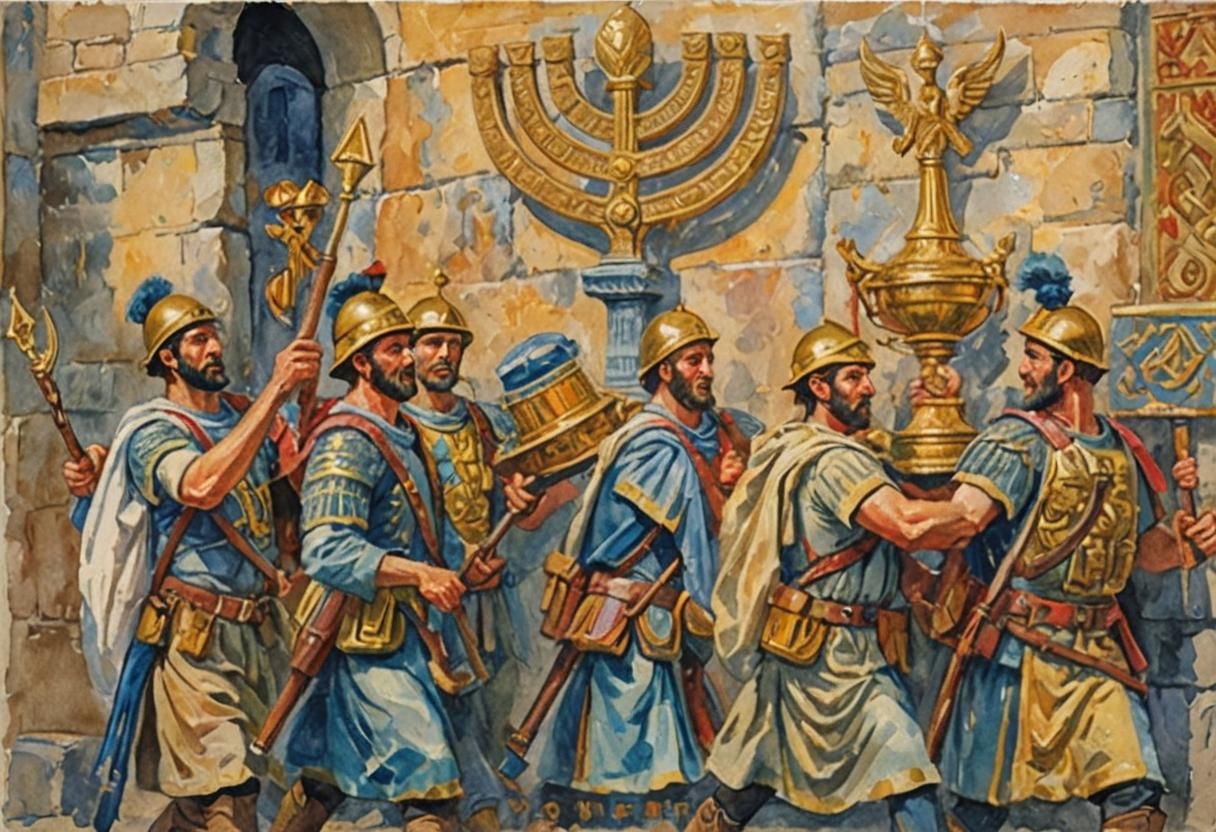 Roman Soldiers with Menorahs in Gouache Style