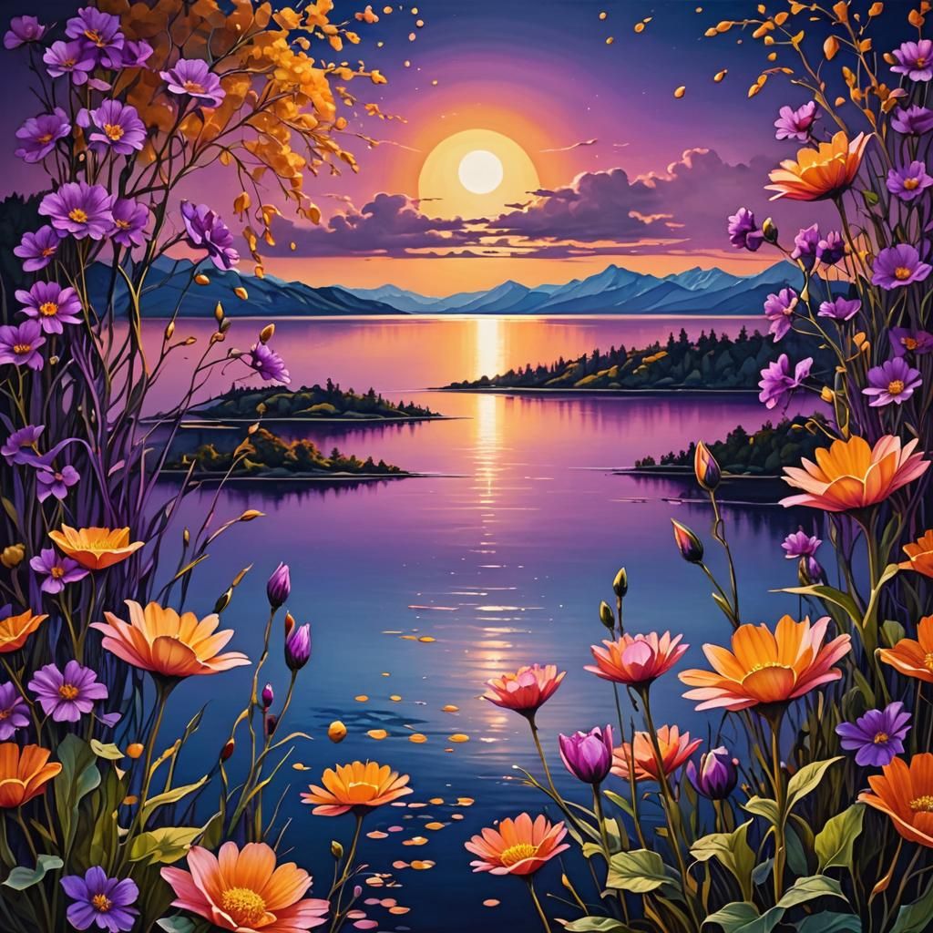 Stylized Purple Mallow Flowers Overlooking a Lake