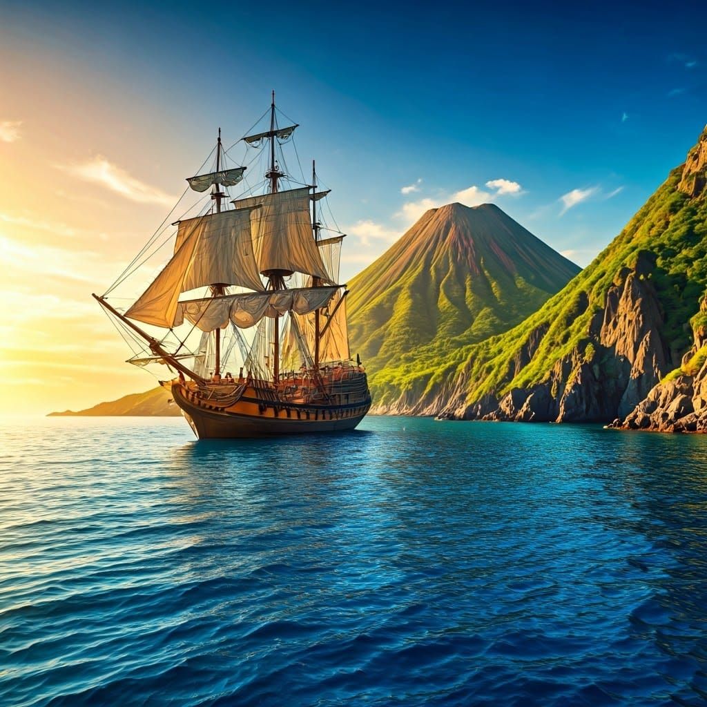 Surreal Pirate Ship Anchored in Volcanic Cove at Sunset