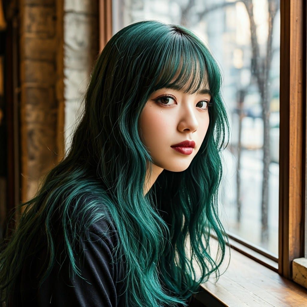Japanese Woman with Green Hair in Cafe