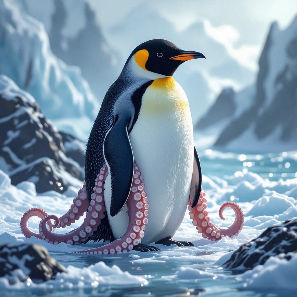 Realistic Penguin-Octopus Hybrid Creature in Icy Habitat