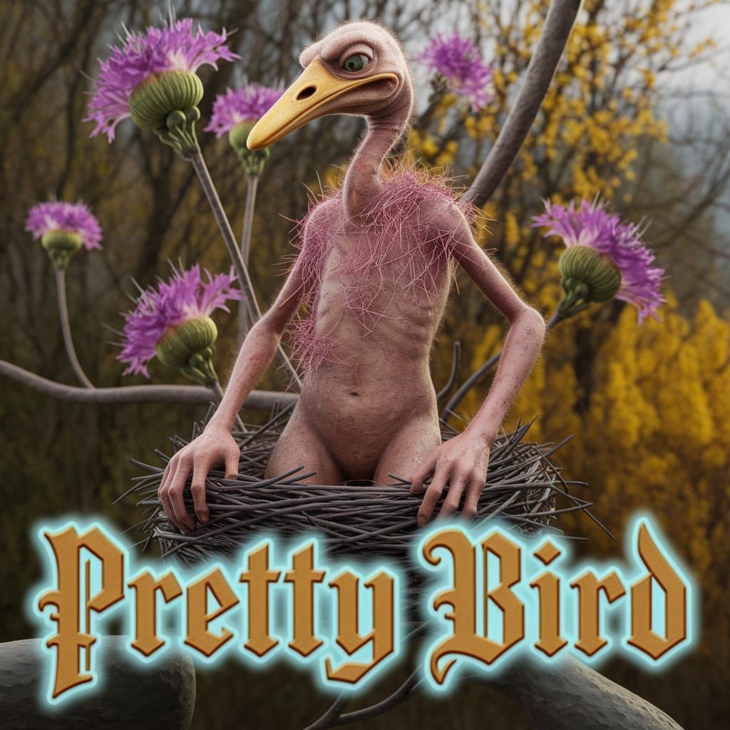 A grotesque, emaciated, surreal, ugly, decrepit, scrawny, scraggly, frail, gawky, bony, humanoid male ostrich with a con...