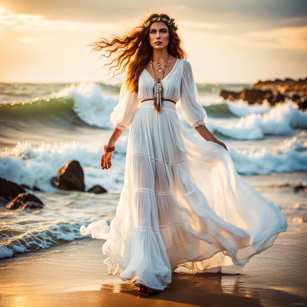 artistic portrait of pretty hippie girl in white maxi dress ...