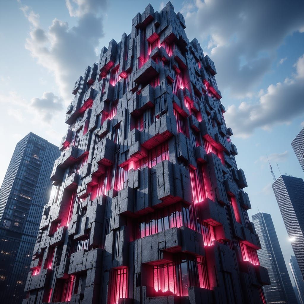 Omnious Skyscraper with Jagged Arabesque Patterns