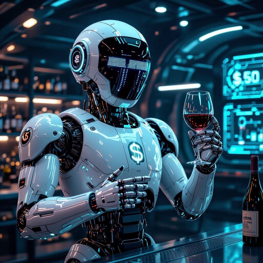 Robot Sommelier Presents Wine in Neon Noir Style