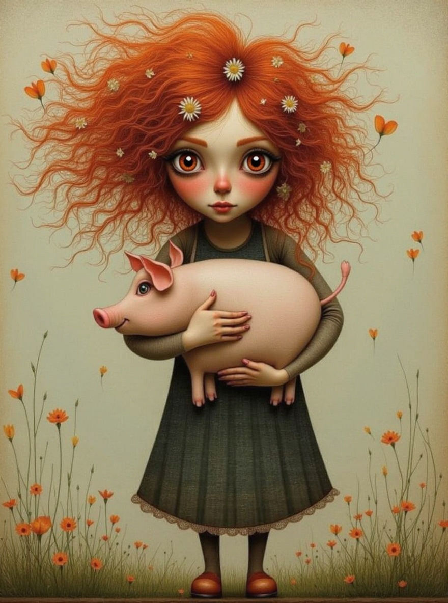 Whimsical Red-Haired Woman Carries Pig Amidst Daisies