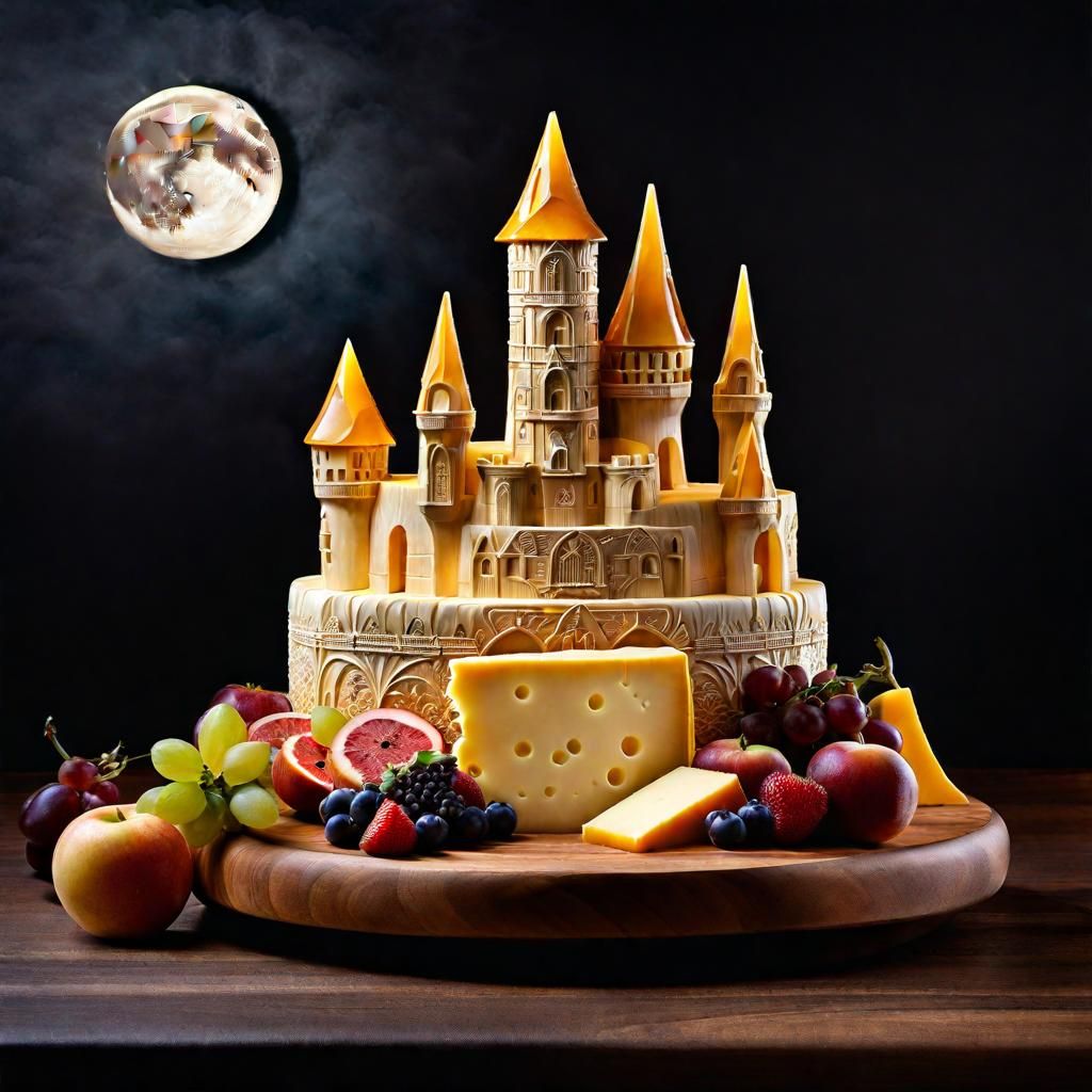 Ornate Cheese Castle Under Swiss Cheese Moon