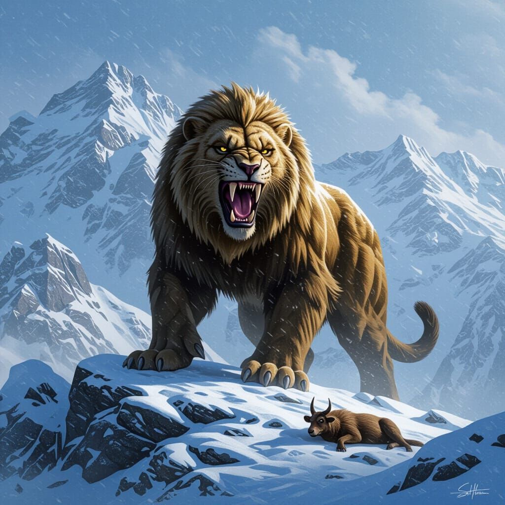 Fierce Sabertooth in Snowstorm: Hyper-Realistic Digital Pain...