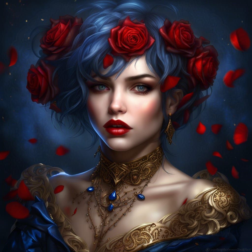 Gothic Beauty in Rose Petals, Hyperrealistic Style
