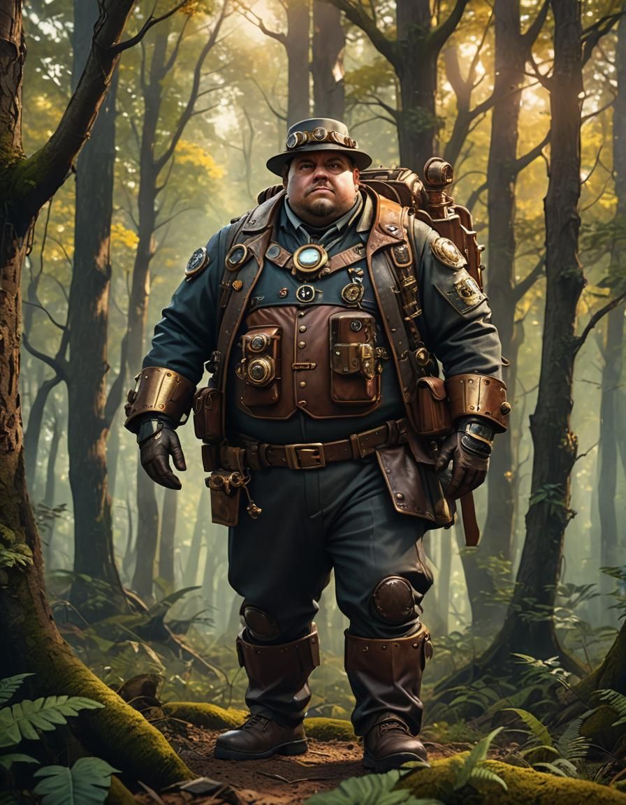 Steampunk Explorer Lost in Forest: 3D Hyperrealistic Art