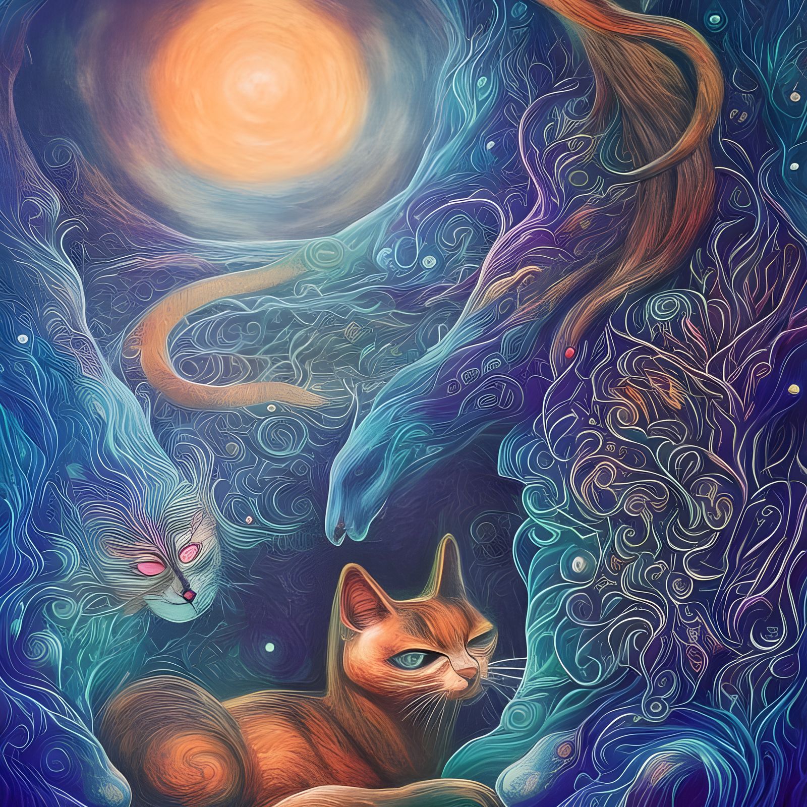 Ethereal Night Cat in Acrylic Ink Style