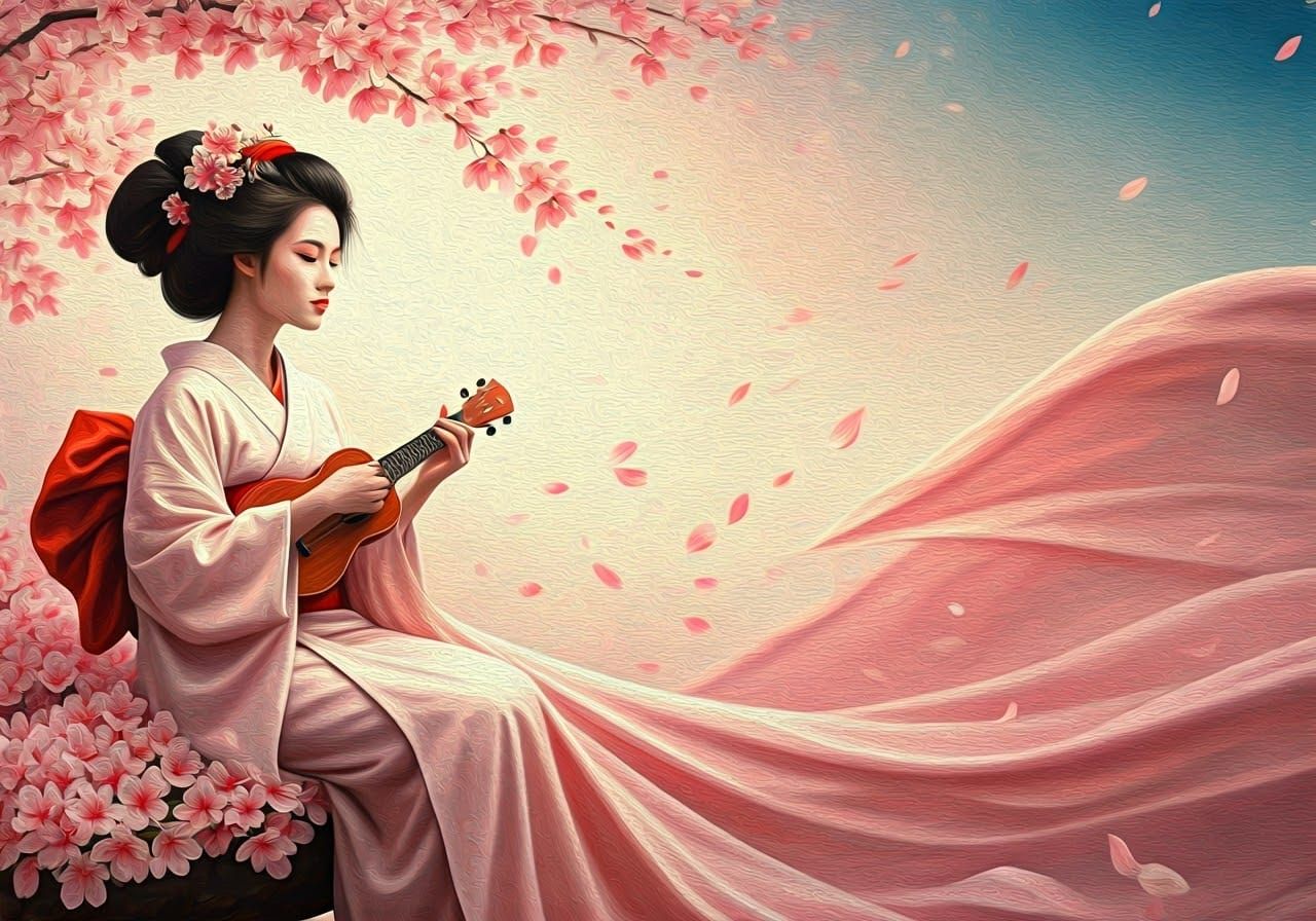 Ethereal Japanese Woman with Cherry Blossom Kimono