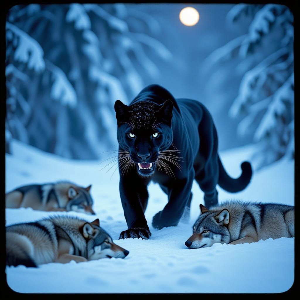 Panther's Triumph in Snow-Covered Forest