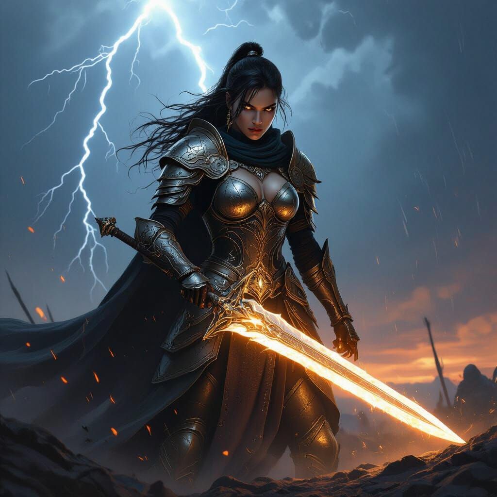 Epic Fantasy Warrior on Storm-Ravaged Battlefield