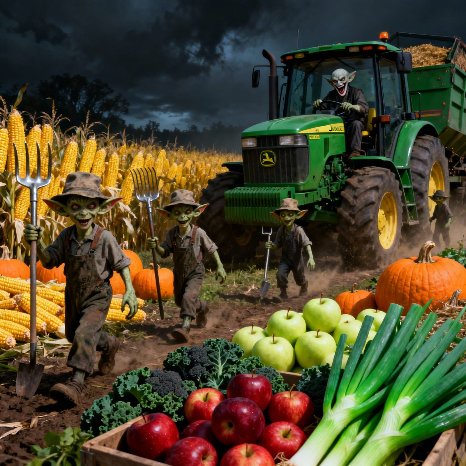 Goblin Children Harvest Farm in Cinematic Dark Fantasy Style