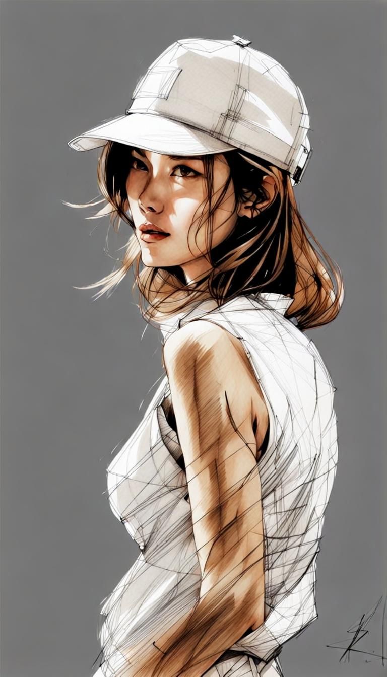 Detailed Pencil and Ink Sketch of Pretty Woman