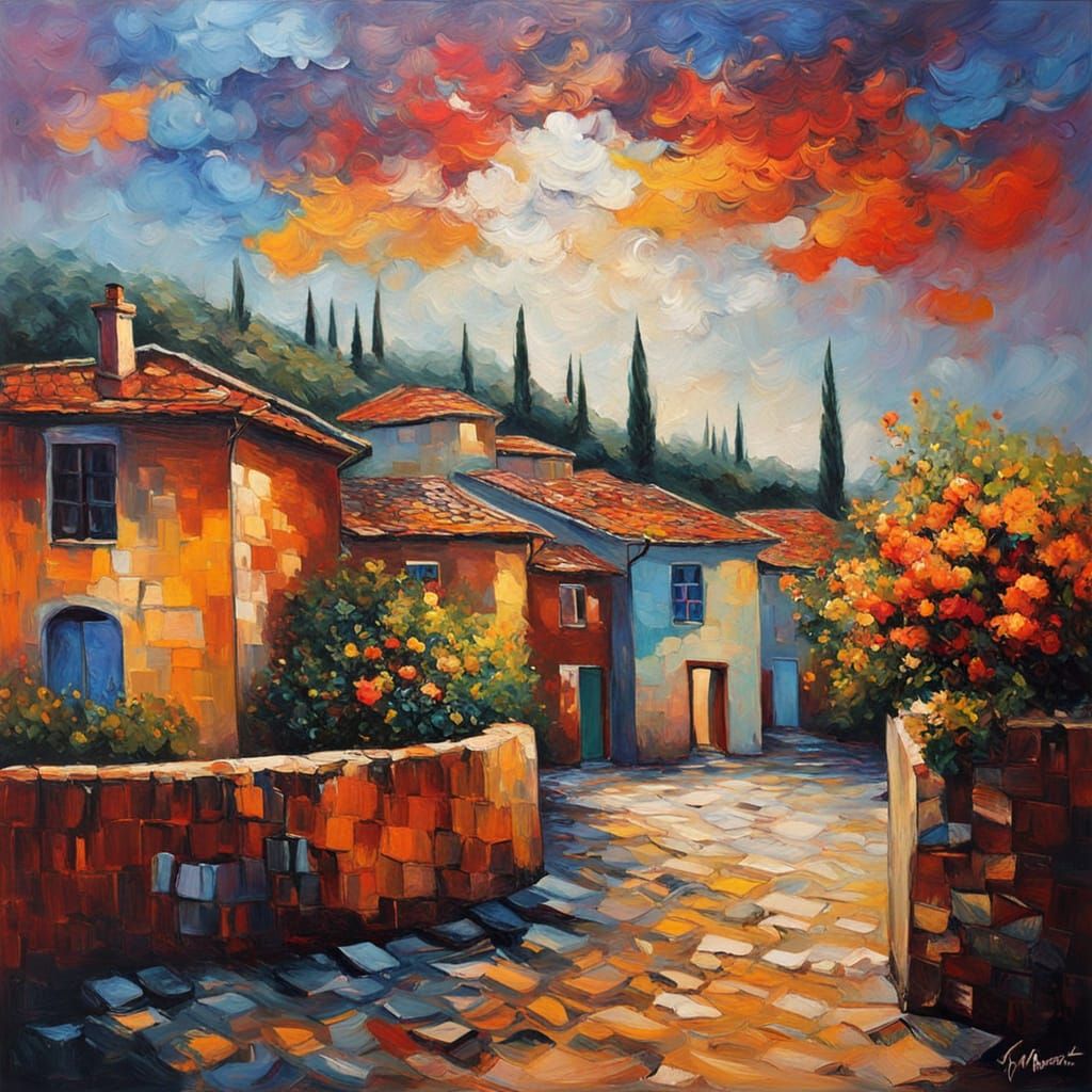 Bulgarian Ottoman-Era Village in Vibrant Neo-Impressionist S...