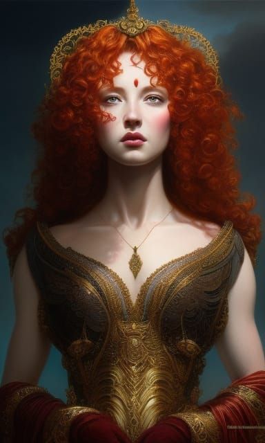 Red-Headed Goddess in Fantasy Gown, Hyperrealistic Art