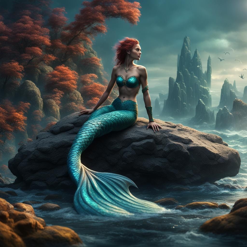 Fantastical Mermaid on Rock in Detailed Matte Painting