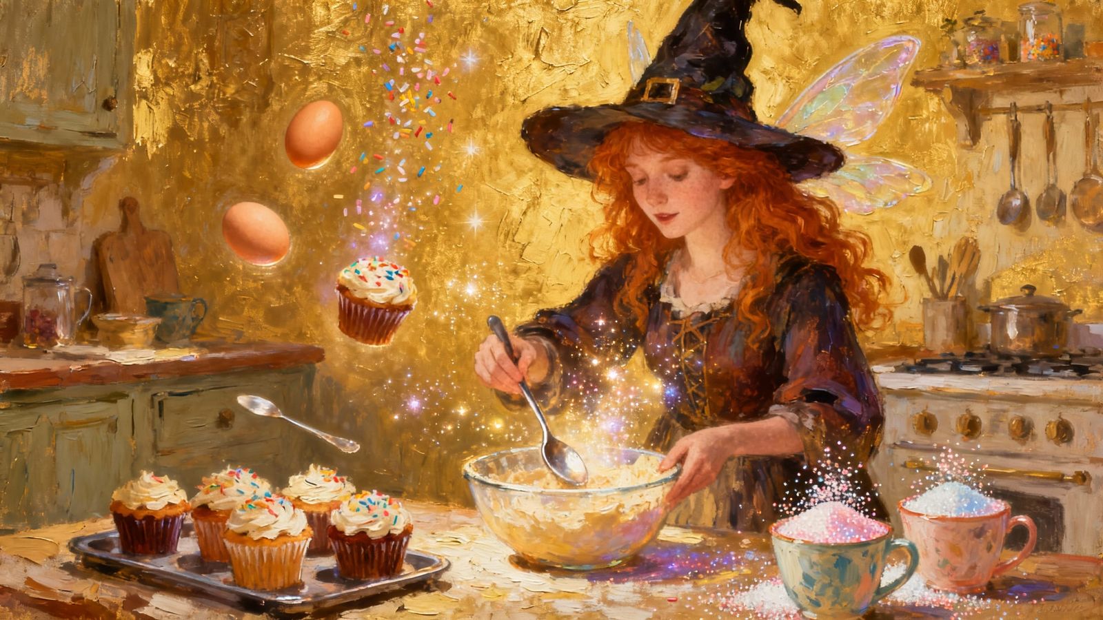 Ginger Witch Bakes Enchanted Cupcakes in Textured Oil Painti...