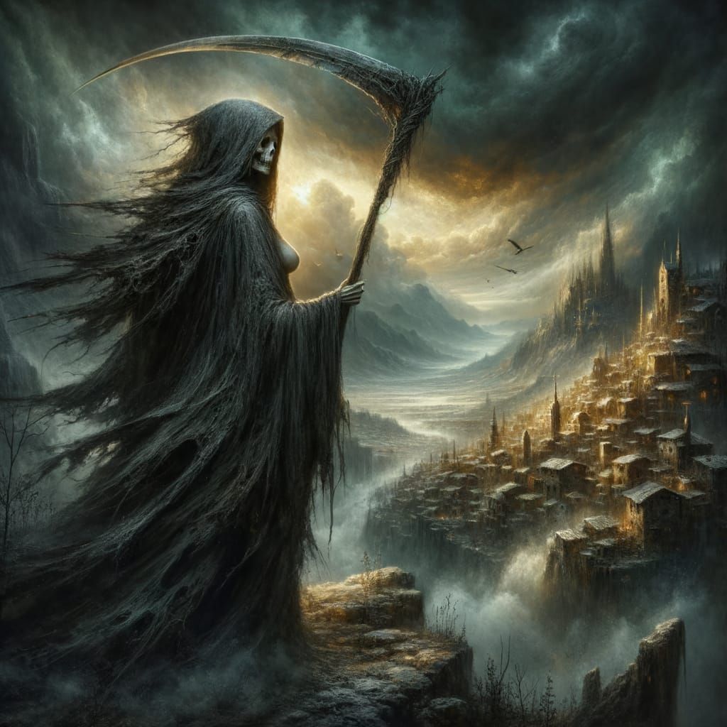 Death's Figure on Windswept Cliff Over Desolate Village