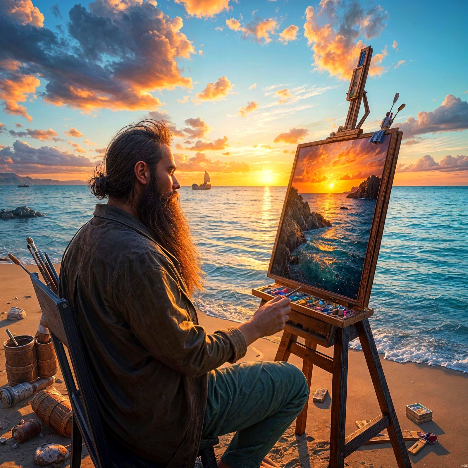 Beach Sunset Oil Painting in Detailed Matte Style