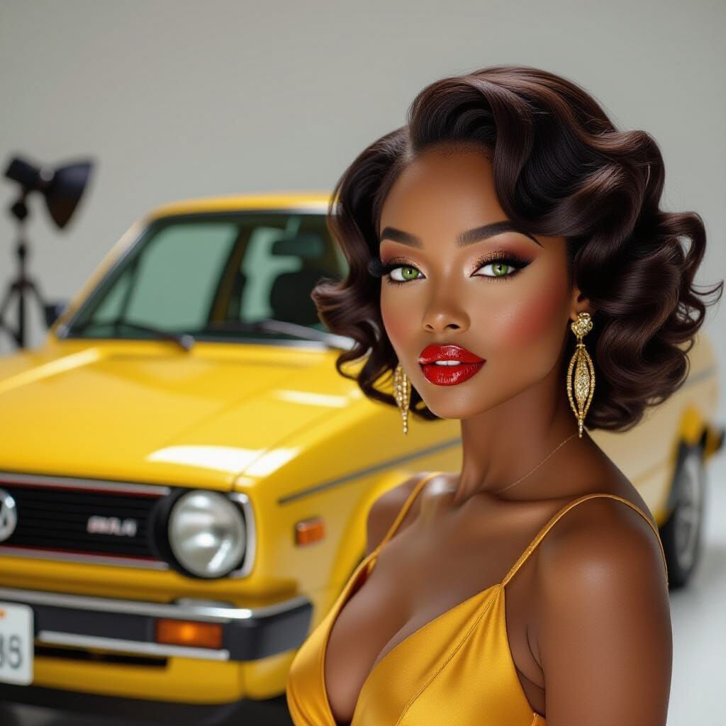 Glamorous Woman by Yellow Car in Futuristic Style