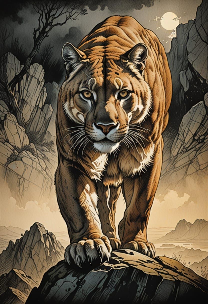 Dramatic Cougar Portrait in Comic Book Style Etching