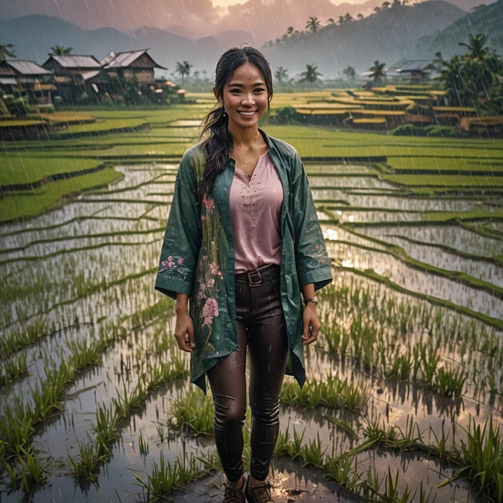 Filipina Woman in Rainy Rice Fields, Fantasy Art