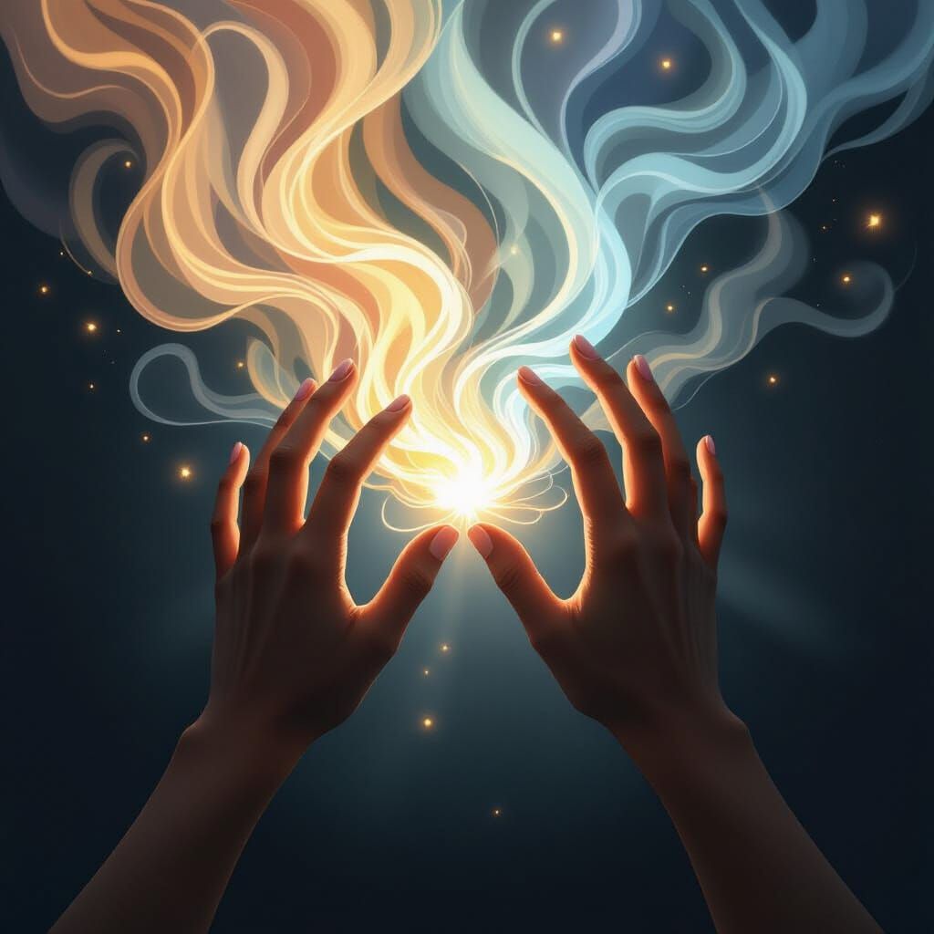 Hands Taming Light Wisps in Dramatic Digital Painting