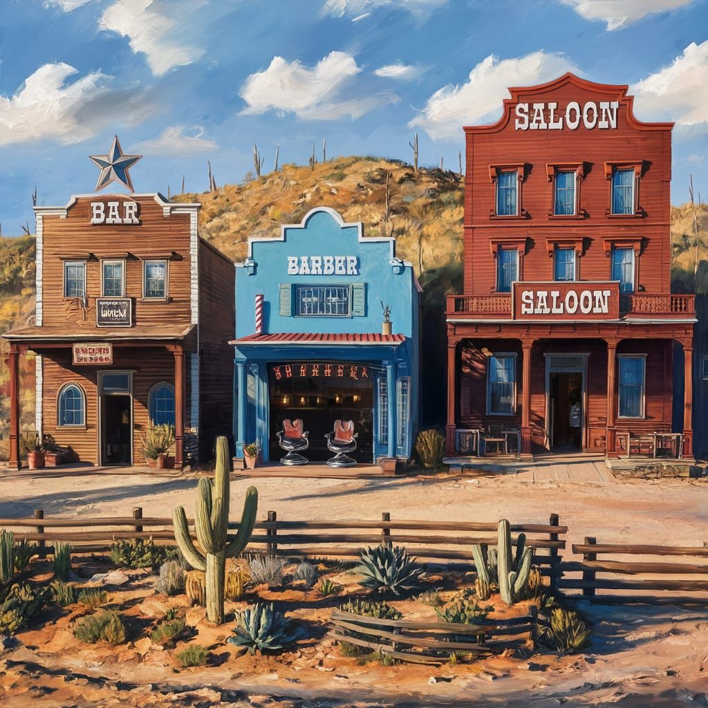 Bustling Western Town Painting with Saloon and Barber