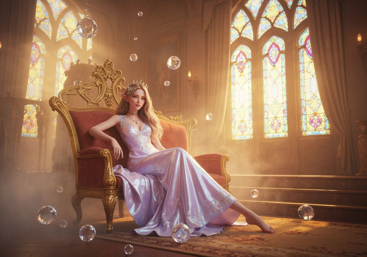 Ethereal Elven Princess in Opulent Art Nouveau Chamber