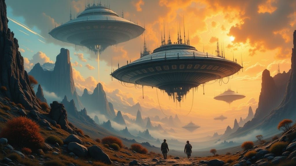 Alien Spaceships Hover Over Ethereal Landscape
