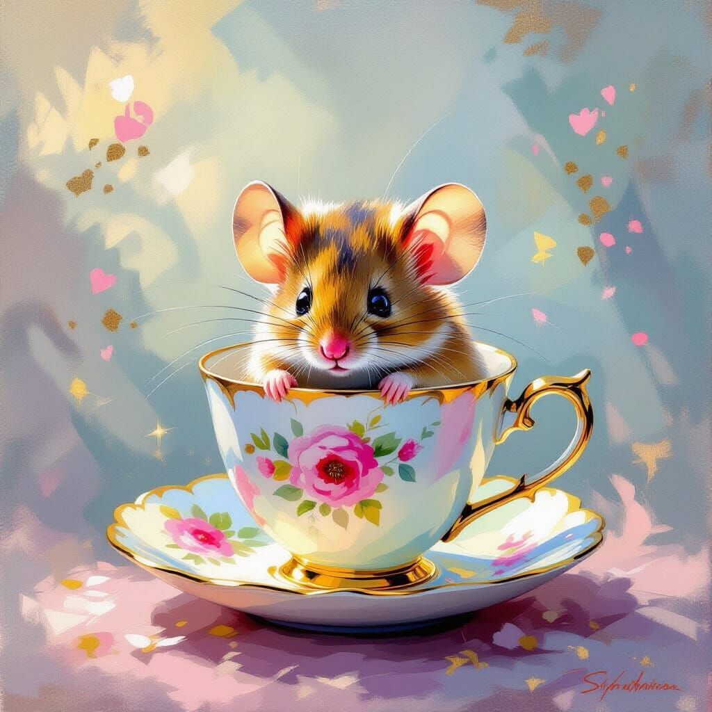 Mouse Hiding in Teacup: Impressionistic Painting