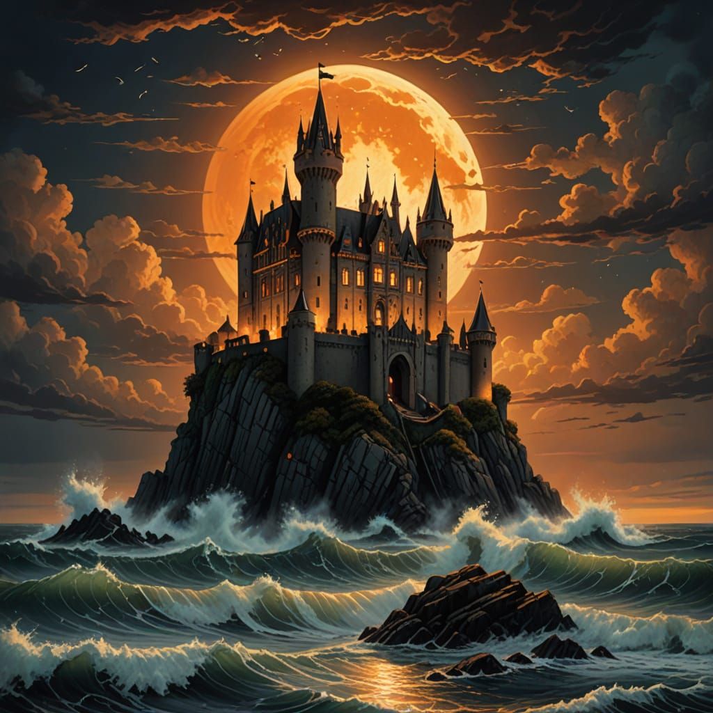 Gothic Castle on Island in Fantasy Art Style