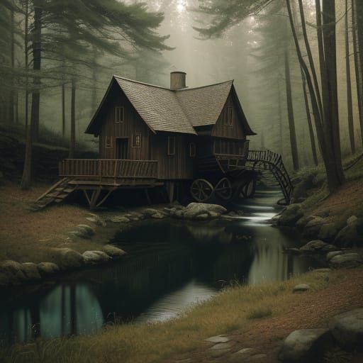 A rustic waterwheel turning beside a quiet cabin in the woods Cinematic film still, shot on v-raptor XL, film grain, vig...