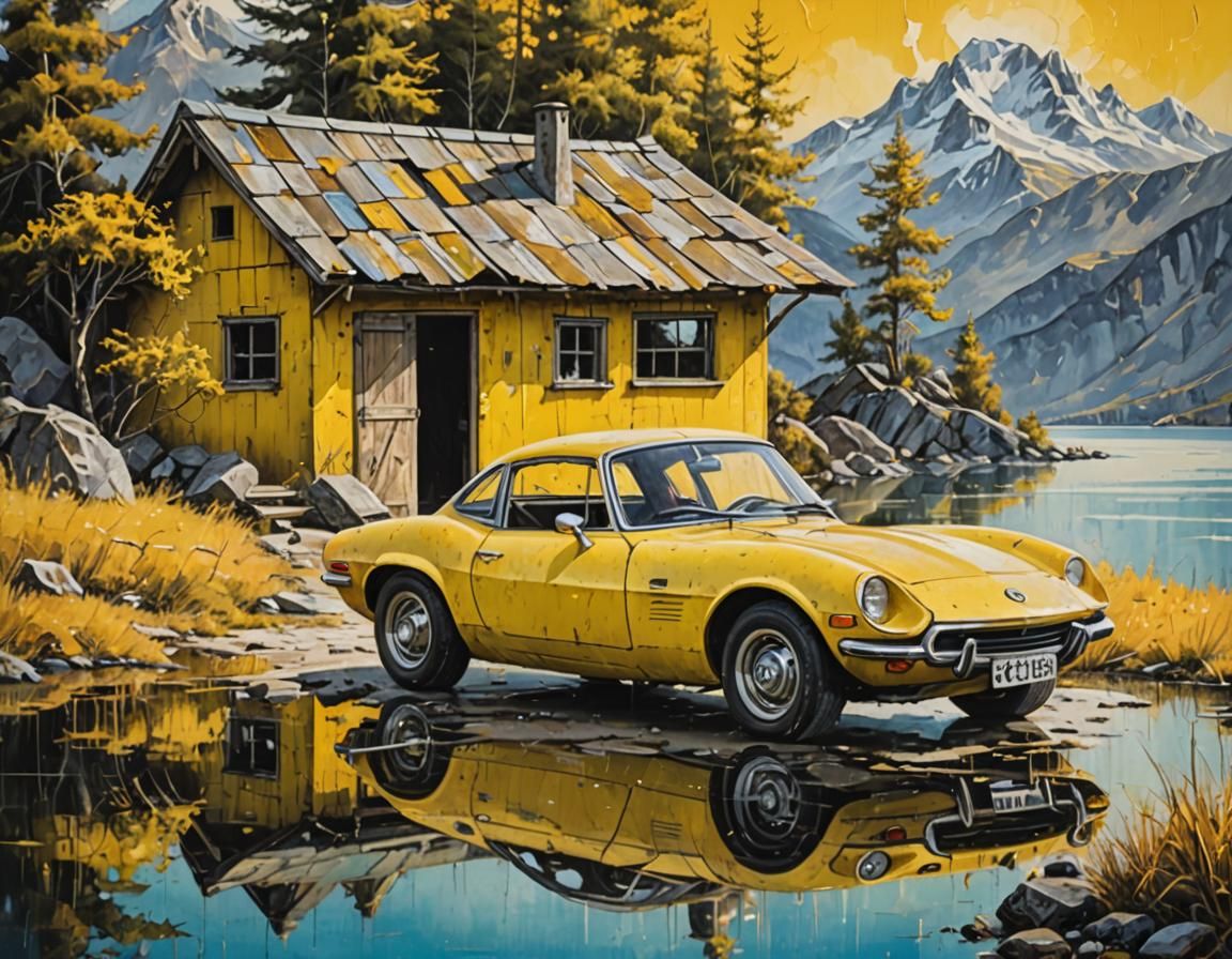 Yellow Opel GT by Mountain Lake, Acrylic Painting