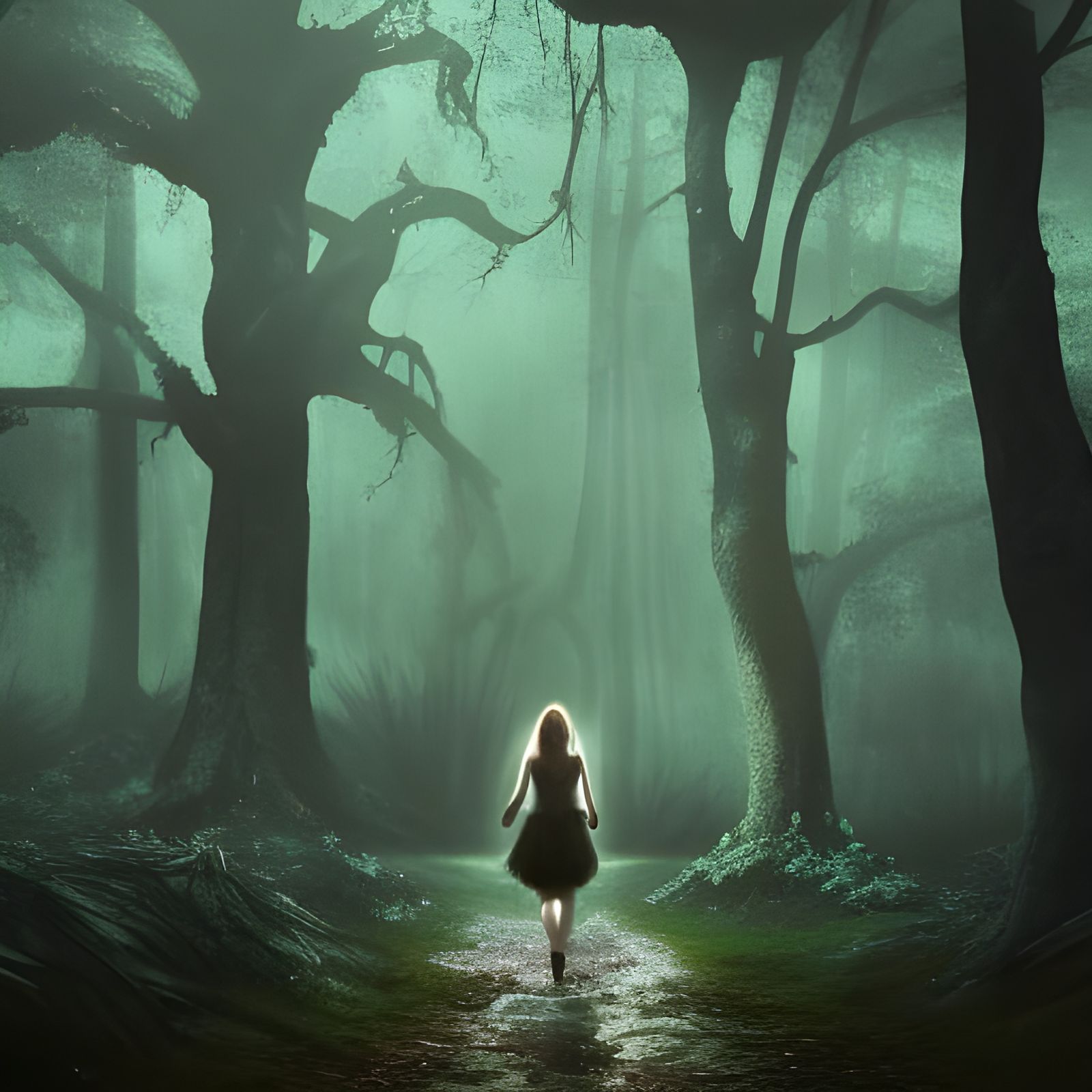 Dark Fantasy: Fleeing Through a Foggy Forest