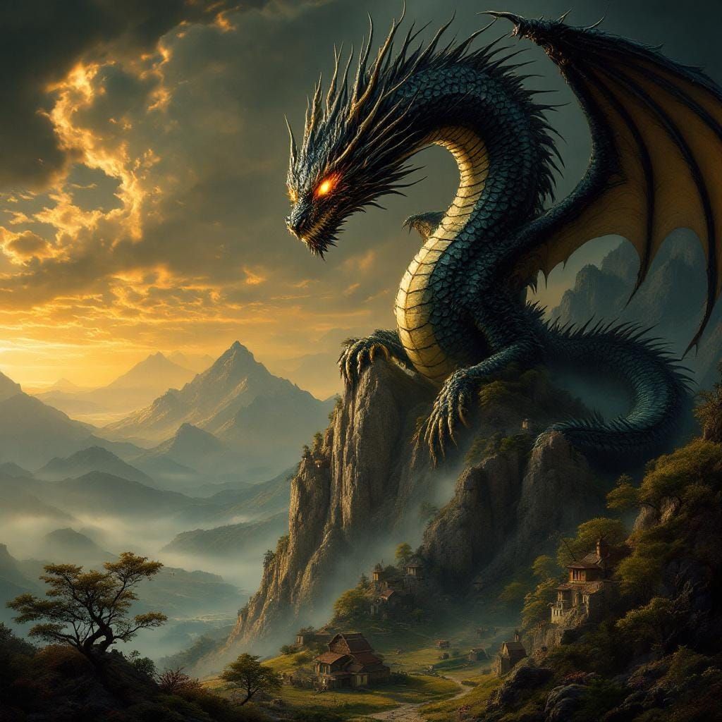 Obsidian Dragon Guardian Overlooks Village as Renaissance Pa...