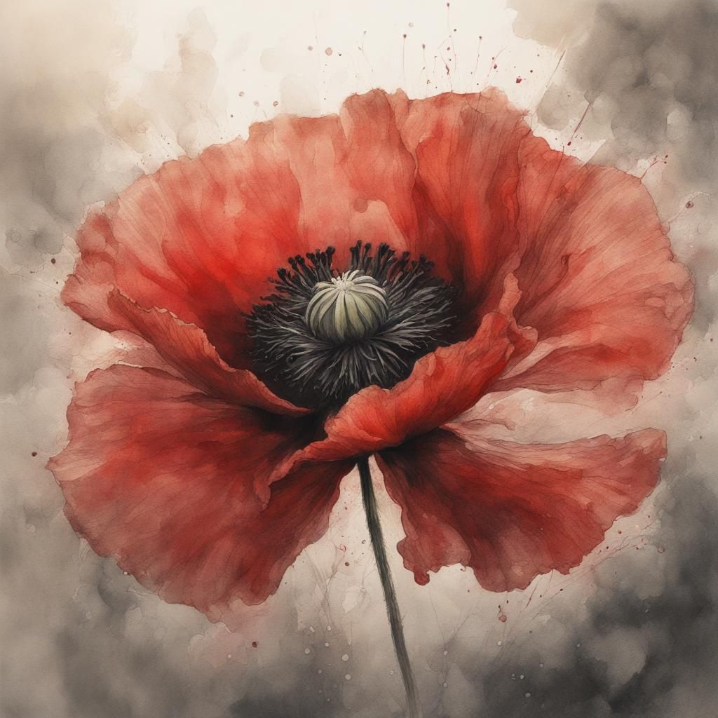 Red Poppy Smoke Flower in Watercolor and Ink